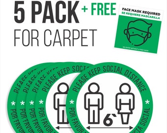 Social Distancing Floor Signs 5 Pack Carpet | 6 Feet Anti-Slip Safety Markers School Retail