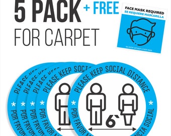 Anti-Slip Floor Safety Signs 5 Pack Carpet | 6 Feet Distance Markers with Face Mask Required