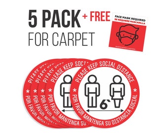 Anti-Slip Floor Safety Stickers 5 Pack Carpet | 6 Feet Distance Markers with Face Mask Required Sign
