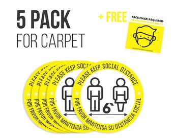 Social Distancing Floor Sign for Carpet (5 Pack) Face Mask Required stickers | 6 Feet Anti-Slip Safety Notice | mantenga su distancia social