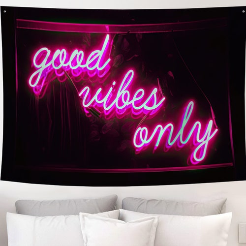 Motivational Inspirational Quote Tapestry Good Vibes Only Neon Sign Tapestry