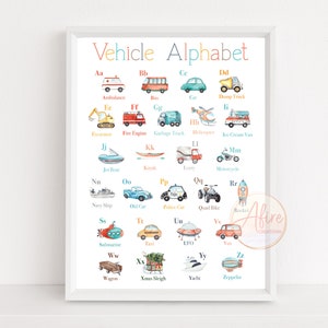 Vehicle alphabet print for nursery, Transport ABC poster, educational poster, children's wall art, cars tractor digger print,A1 A3 A4 poster