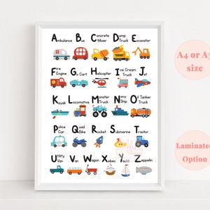 Vehicle alphabet print for nursery, Transport ABC poster, early learning educational poster, children's wall art, cars tractor digger A3 A4