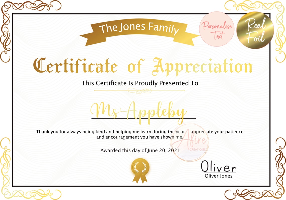 Teacher's gift print certificate of appreciation Etsy