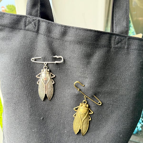 Cicada Safety Pin Brooch Lapel, Punk Goth Accessory, Bag Charm, Insect Oddity Jewelry,  Antique Silver or Bronze