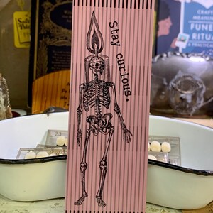 May include: A pink and black striped bookmark with a skeleton holding a lit candle. The text "Stay curious." is printed on the bookmark.