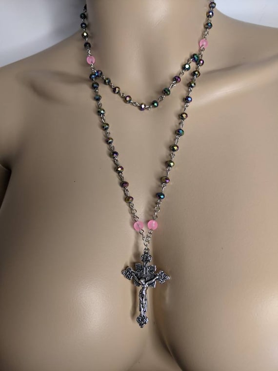 JESUS LOVE Rosary Necklace Cross Religious rainbow pink