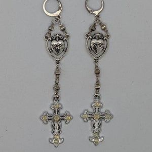 JESUS LOVE - Gothic earrings Cross Religious Sacred Heart Silver elongated