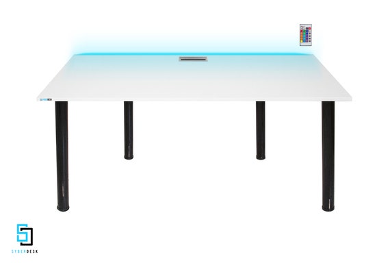 Gaming Desk PRO LED WHITE Computer Desk Table Aluminium Grommet