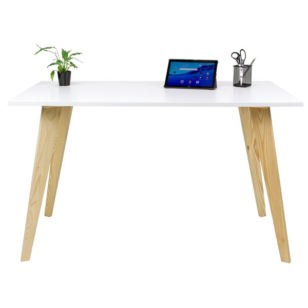 Bureau d'ordinateur, pieds en pin massif, table de bureau, bureau de style scandinave pour bureau, salon, chambre à coucher – Blanc – 120 × 65 × 75 cm