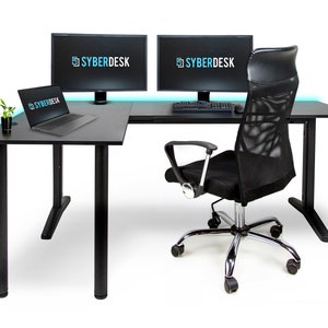 Mesa de jogos de canto V2 CORNER PRO LED SyberDesk 197cm x 132cm, alta estabilidade, sistema de gerenciamento de cabos integrado à estrutura.