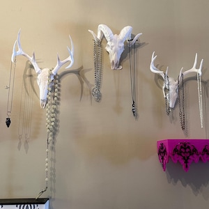 Pode incluir: Decoração de parede com crânios brancos e colares pendurados nos chifres e galhadas. Uma prateleira rosa com um design decorativo preto está abaixo dos crânios. Uma prateleira branca com um design de teia de aranha também é visível.