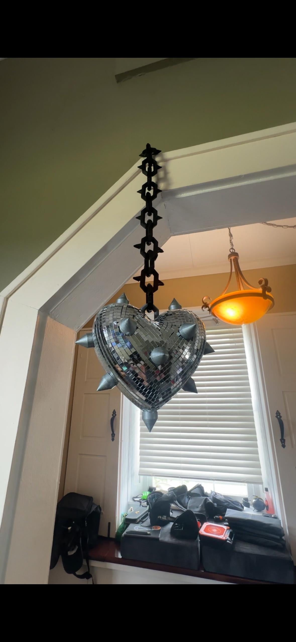 Spiked Disco Heart Mace – Goth Mirror Ball Decor, Indoor Hanging Chain