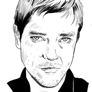 May include: A black and white pen and ink illustration of a person's face. The artwork features detailed linework, capturing the subject's features, including hair, eyes, nose, and a slight beard. The person is wearing a black collared shirt.