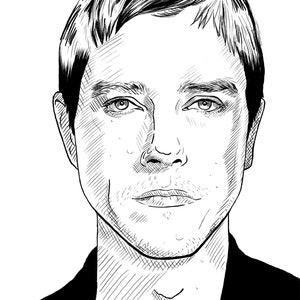 May include: Black and white line drawing of a man's face. The man has short, dark hair and a serious expression.