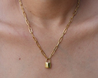 Gold Filled Padlock Necklace | Dainty Gold Paperclip Necklace with Padlock Pendant | Minimalist Gold Lock Necklace | Link necklace