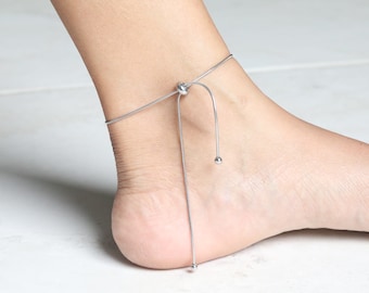 Adjustable Slider Anklet | Skinny Snake Chain Anklet  | Anklet With Sliding Stopper | Silver Ankle Bracelet | Dainty Anklet