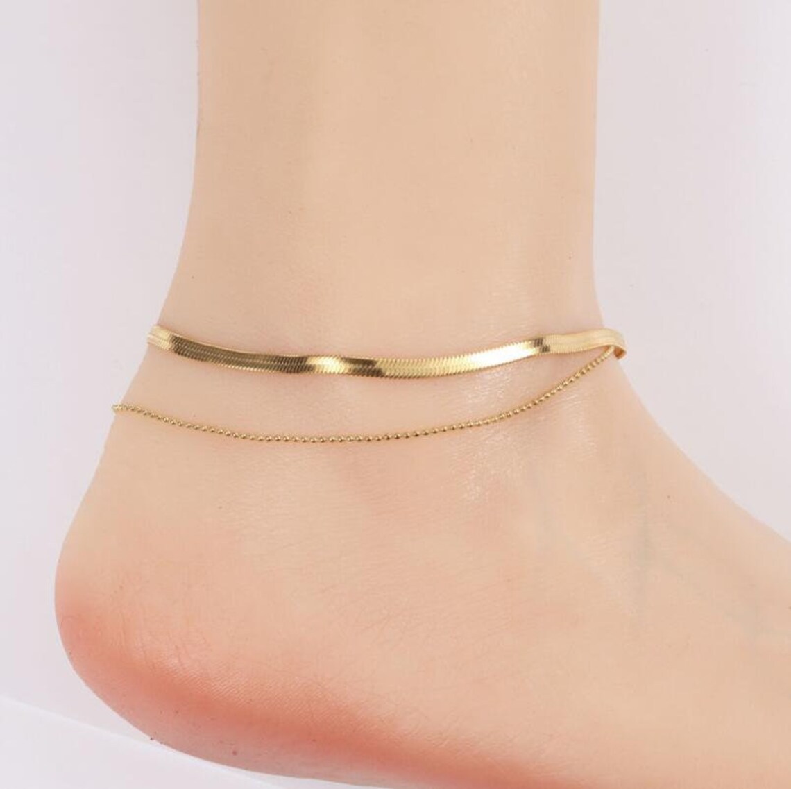 18k Gold Filled Herringbone Anklets for women Double Layered Etsy