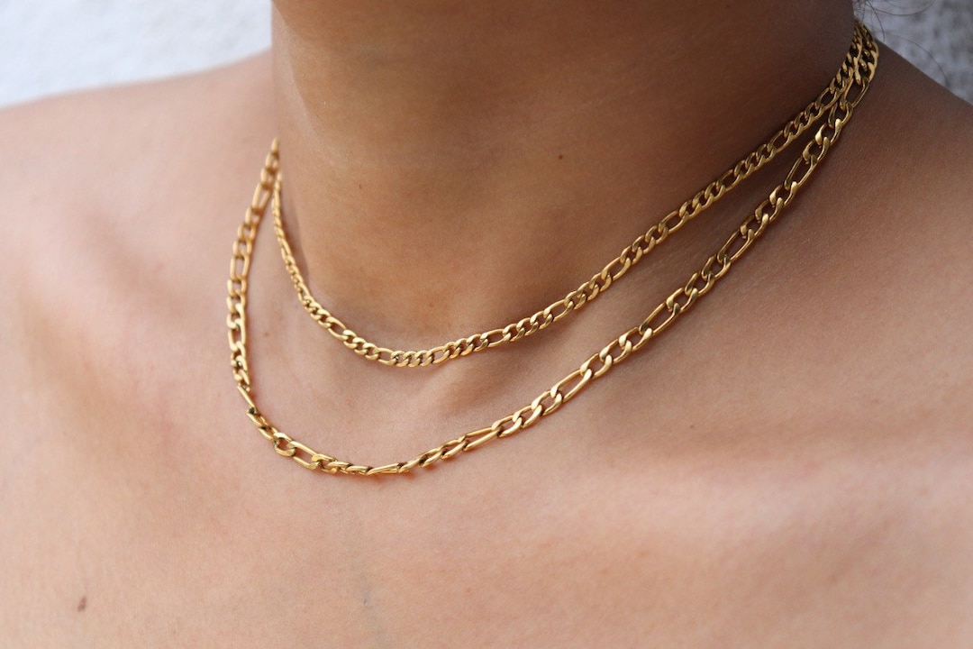 18k Gold Plated Figaro Double Chain Layered Necklace