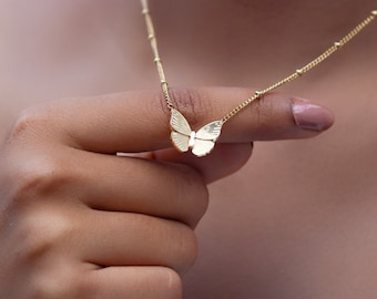 18K Gold Filled Butterfly Necklace: Dainty Bead Chain Choker
