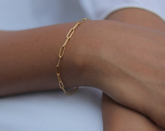 18k Gold Paperclip Bracelet | Non-Tarnish Gold Bracelet | Paper Link Chain Bracelet | Dainty Gold Bracelet | Rectangle Link Bracelet