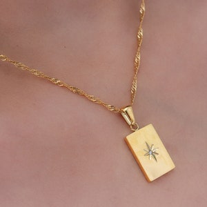 18k Gold Filled North Star Rectangle Necklace | Starburst Charm Necklace | Starburst Pendant Necklace