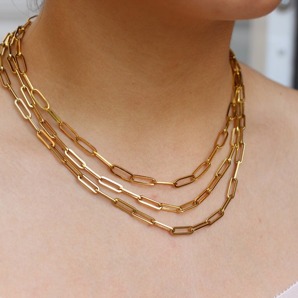 14K Gold Link Chain Necklace - Gold paperclip chain - Gold linked chain choker - Gold rectangle Chain - Layered Gold Link Chain Set