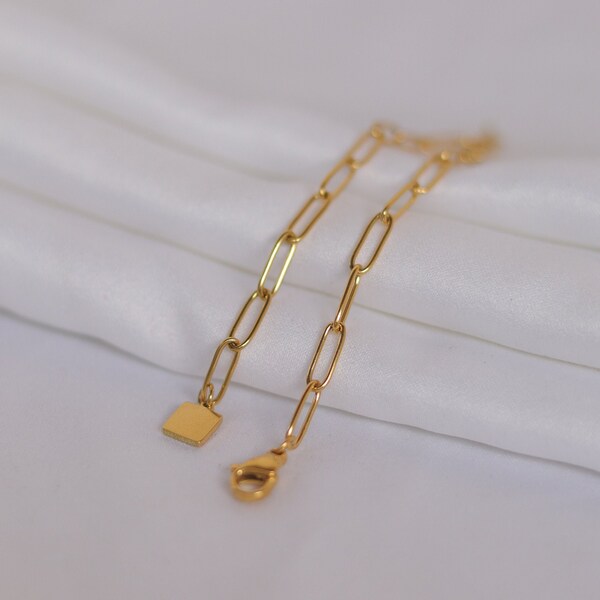 18k Gold Filled Paperclip Bracelet | Square Charm Bracelet | Paper Link Chain Bracelet | Dainty Gold Bracelet | Rectangle Link Bracelet