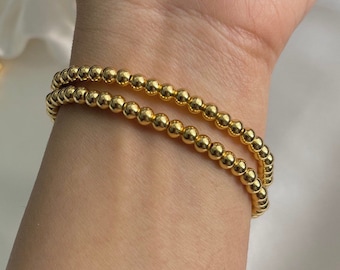 Pulseras con cuentas llenas de oro de 18K - Pulsera con cuentas de oro - Pulsera de bolas de oro - Pulsera de oro elástica