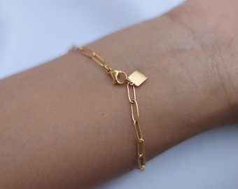 Bracelet trombone en or 18 carats | Bracelet en or qui ne ternit pas | Bracelet chaîne à maillons en papier | Bracelet en or délicat | Bracelet à maillons rectangulaires