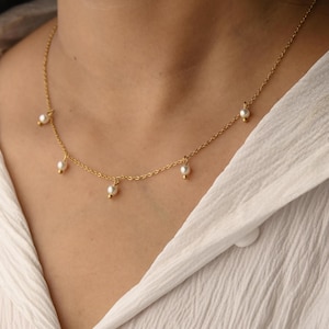 14K Gold-Filled Dainty Natural Freshwater Pearl Necklace - Pearl Satellite Necklace - Pearl Fringe Necklace - Pearl Drop Necklace