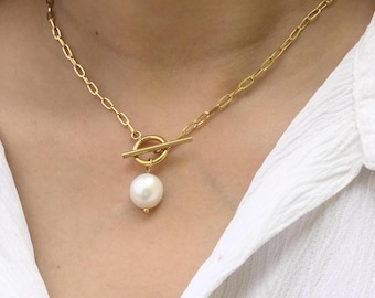 14K Gold-Filled Freshwater Pearl Toggle Necklace: Paperclip Chain