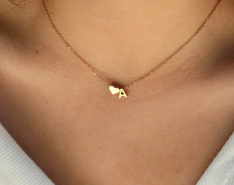 14K Gold Heart Initial Necklace | Custom Letter Necklace | Dainty Initial Necklace | Gold Personalized Name Necklace | Name Necklace