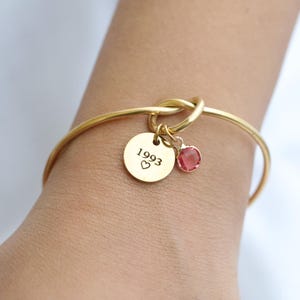 Personalized Gold Birthstone Bangle: Engraved Name Bracelet