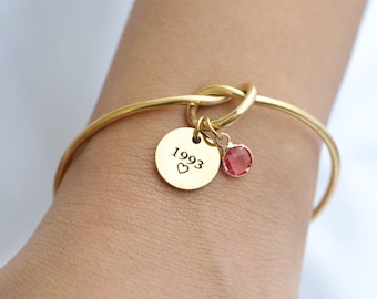 18K Gold Charm Bracelet With Birthstone - Personalized Birthday Stone Bangle - Adjustable Waterproof Bracelet - Daily Wear Bangle Bracelet