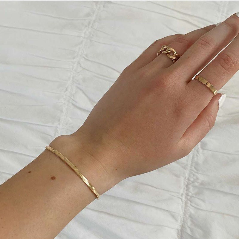 Gold Snake Herringbone Bracelet Simple Flat Gold Link Chain Bracelet Women Unisex Jewelry 18K Plated Stainless Steel Bracelet