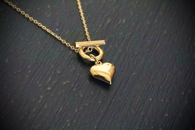 18K Gold Filled Heart Pendant Necklace Toggle Closure Necklace Puffy Heart Necklace Pendant Necklace For Women Dainty Gold Choker image 2