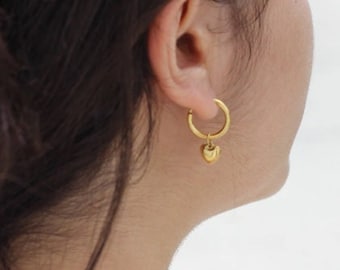18k Gold Filled Heart Hoop Earrings | Dainty Huggie Hoops | Tiny Gold Forever Heart Hoop Earrings | Drop Dangle Hoops