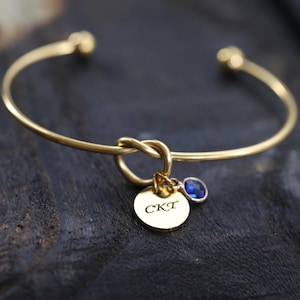 Personalized 14K Gold-Filled Love Knot Bangle Bracelet with Birthstone