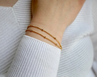 18k Gold Layering Bracelet for Women | 2 Layer Satellite Chain Bracelet | Gold Beaded Bracelet | Dainty Gold Bracelet | Bead Chain Bracelet