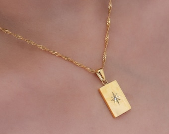18k Gold Filled North Star Rectangle Necklace | Starburst Charm Necklace | Starburst Pendant Necklace