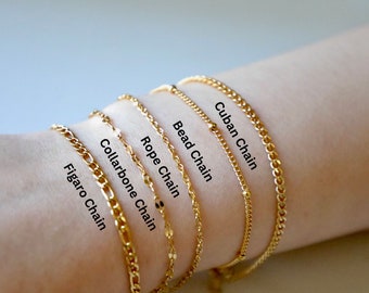 Bracelet en or 18 carats pour femme | Bracelets chaîne Figaro | Bracelets chaîne délicats | Bracelet chaîne de perles | Gourmettes | Bracelets torsadés