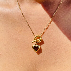 18K Gold Filled Heart Pendant  Necklace | Toggle Closure Necklace | Puffy Heart Necklace | Pendant  Necklace For Women | Dainty Gold Choker