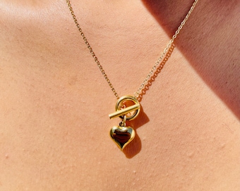 18K Gold Filled Heart Pendant  Necklace | Toggle Closure Necklace | Puffy Heart Necklace | Pendant  Necklace For Women | Dainty Gold Choker