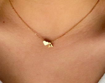 14K Gold Heart Initial Necklace | Custom Letter Necklace | Dainty Initial Necklace | Gold Personalized Name Necklace | Name Necklace