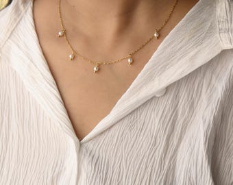14Kゴールドフィルドパールドロップネックレス：繊細な淡水パールサテライトチェーン