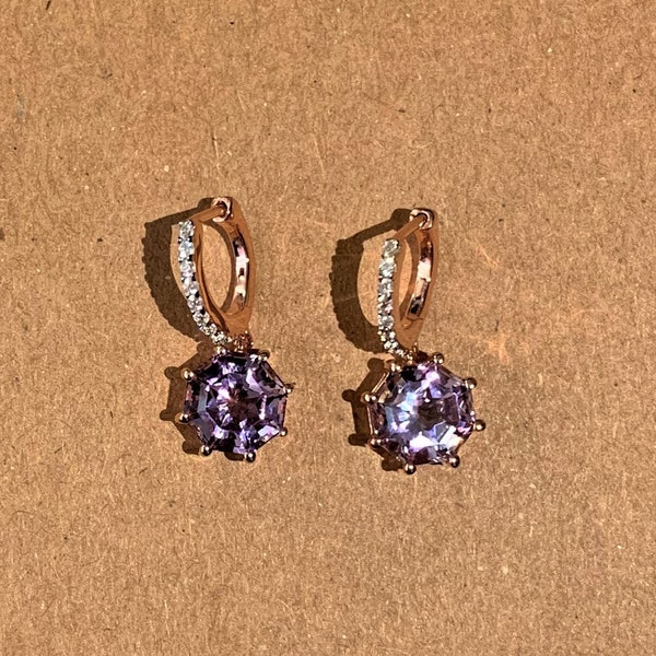 Hoop Drop Pink Amethyst FARA Gem & Zircon Earrings,18K Rose Gold Plated, Sterling Silver, Women's Statement Fine Jewelry