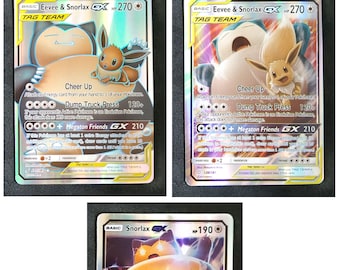 Eevee Snorlax Set of 3 Cards - Tag Team Card, GX Card - Custom Card Set (Paper or Handmade Plastic Card)