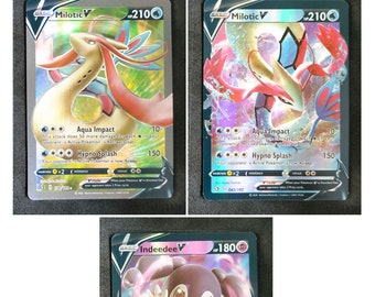 Indeedee Milotic Set of 3 Cards - V Cards - Custom Card Set (Paper or Handmade Plastic Card)