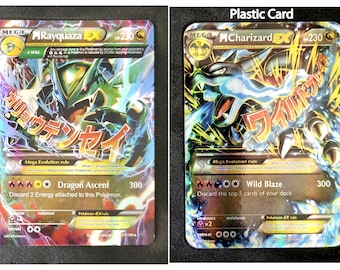 Rayquaza 61/106 Mega EX Card (Paper Card) with Charizard 69/106 Custom Card (Handmade Plastic Card)